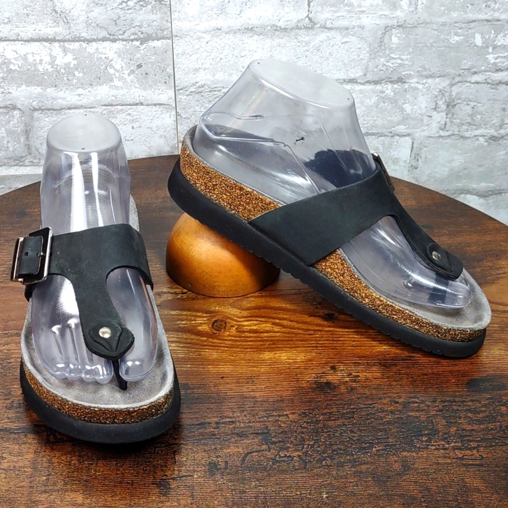 Mephisto Black Cork Footbed Thong Sandals